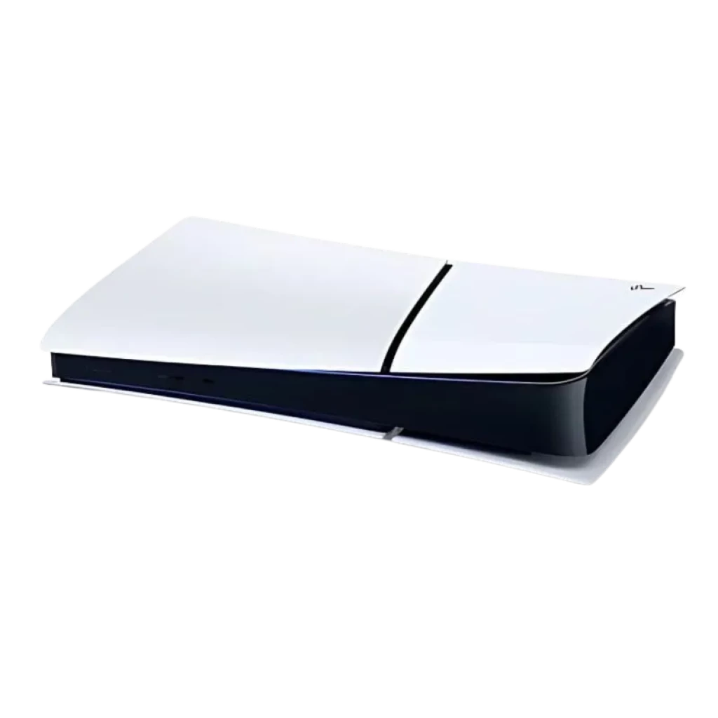 Consola PS5 Digital renovada en estado excelente, diseño blanco y negro sin unidad de disco, bordes curvos, acabado mate y puertos frontales visibles