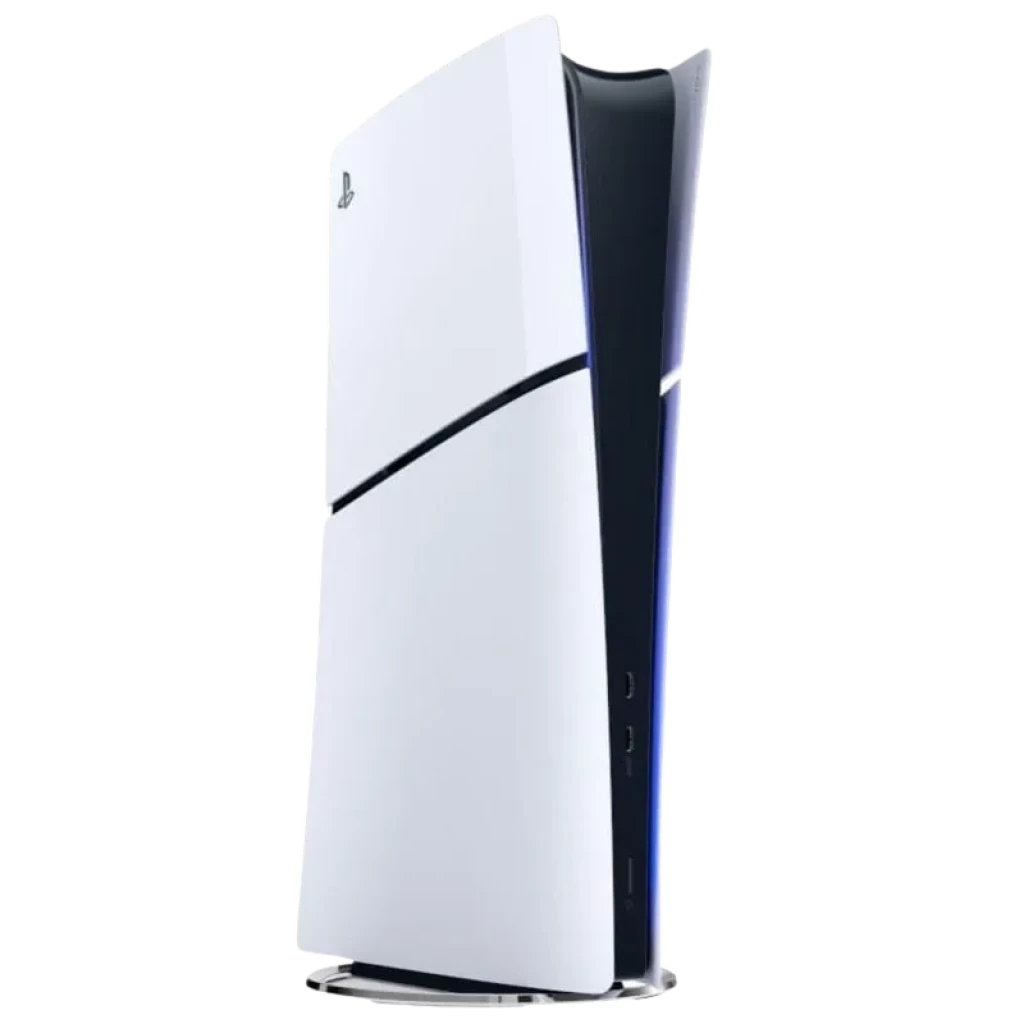 Consola PS5 Digital renovada en excelente estado, chasis blanco con paneles curvos, luz LED azul, sin unidad de disco, puertos frontales USB y USB-C