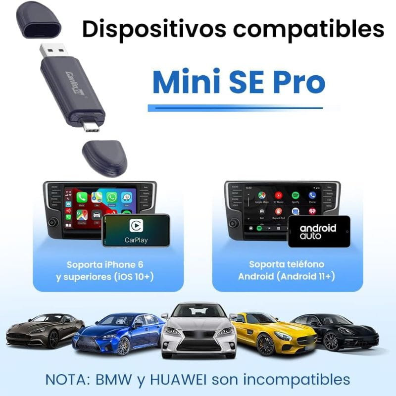Carlinkit Mini 5 Pro - Adaptador inalámbrico Carplay y Android Auto, dispositivos compatibles