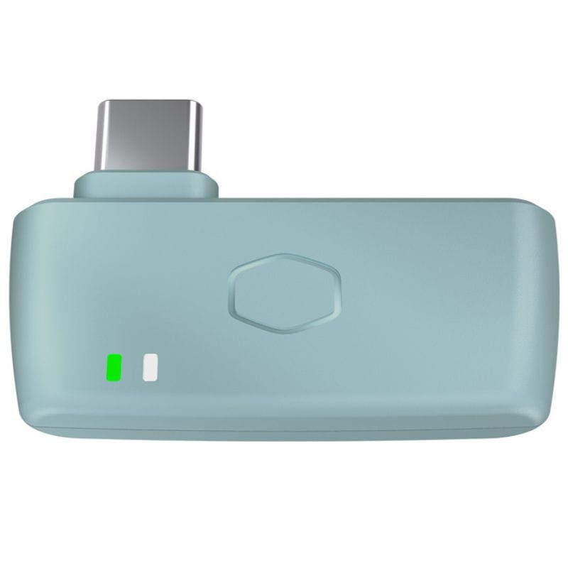 Adaptador USB-C verde menta da Cooler Master para auscultadores CH351-MC, compacto com logótipo frontal e LEDs de status verde e branco