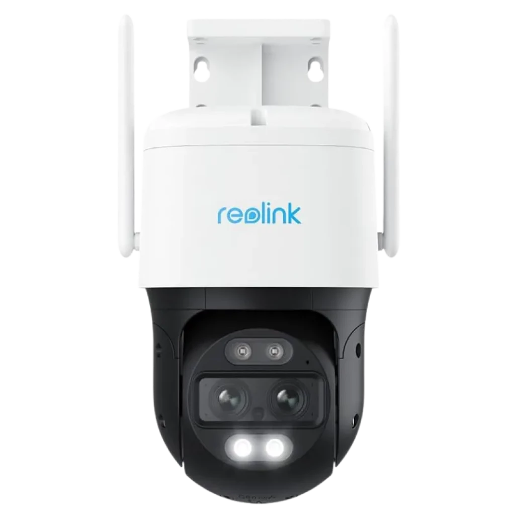 Reolink TrackMix W760 con doble lente, LEDs frontales, visión nocturna, antenas WiFi y carcasa IP65 resistente para vigilancia PTZ