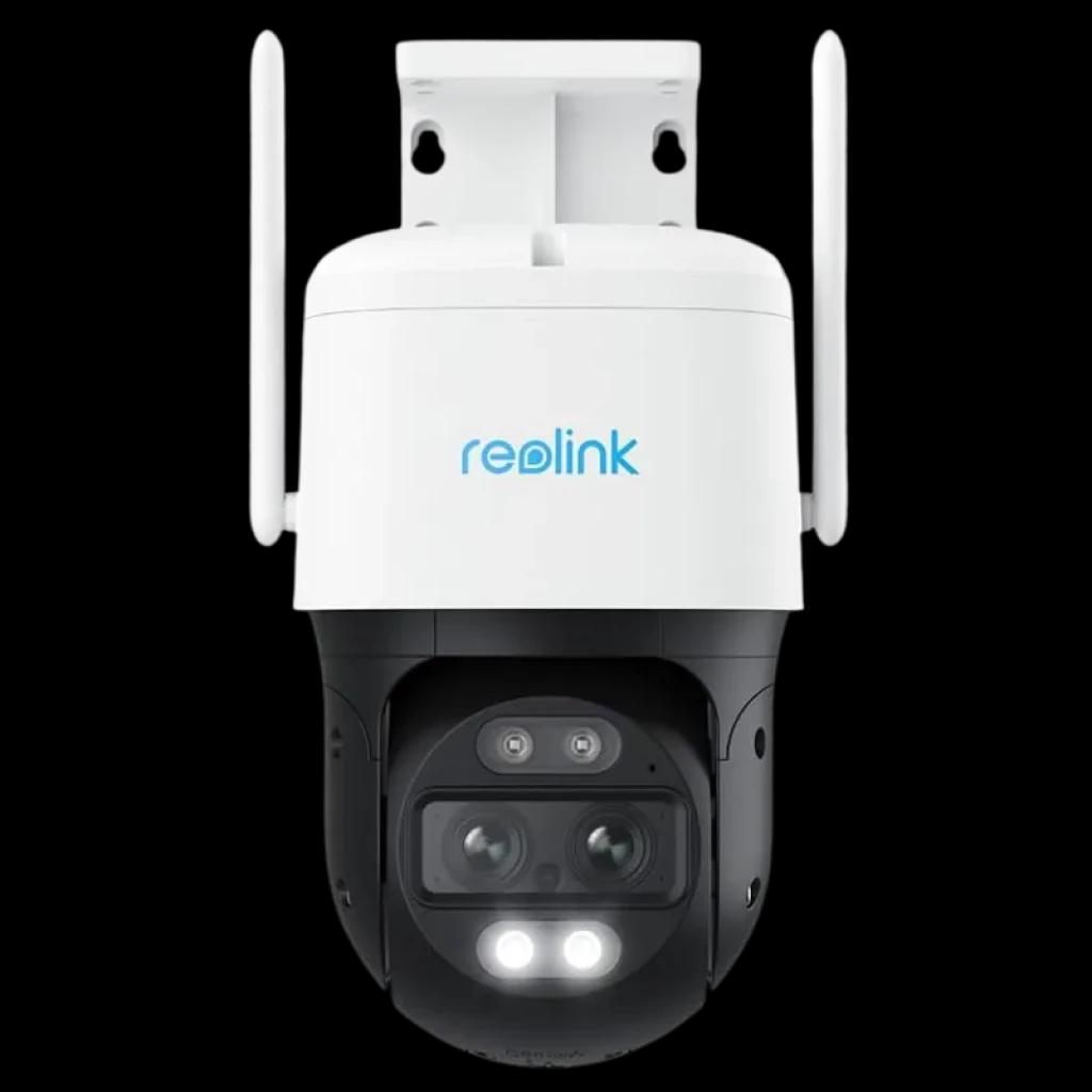 Reolink TrackMix W760 com lente dupla, LEDs frontais, visão noturna, antenas WiFi e caixa resistente IP65 para vigilância PTZ