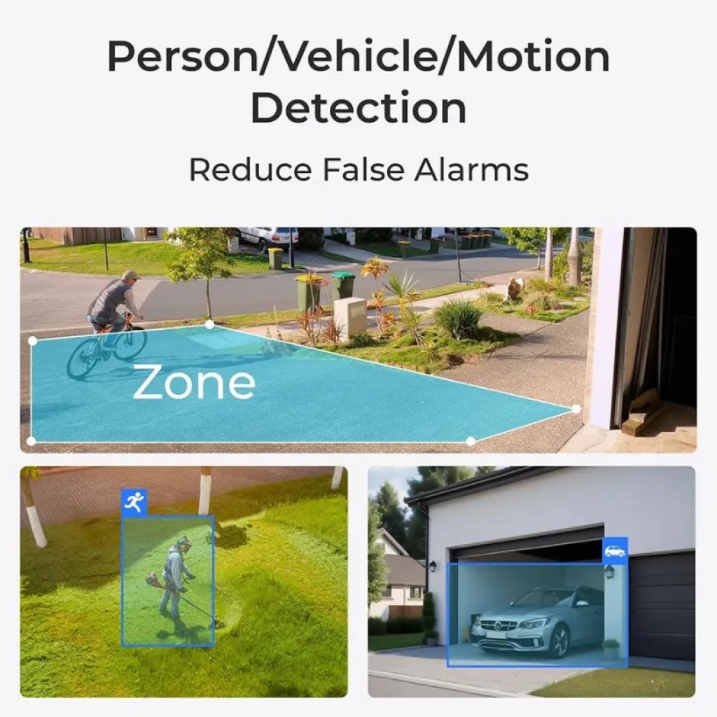 Detecção inteligente de pessoas, veículos e movimento com zonas configuráveis. Reduz falsos alarmes em entradas, jardins e garagens.
