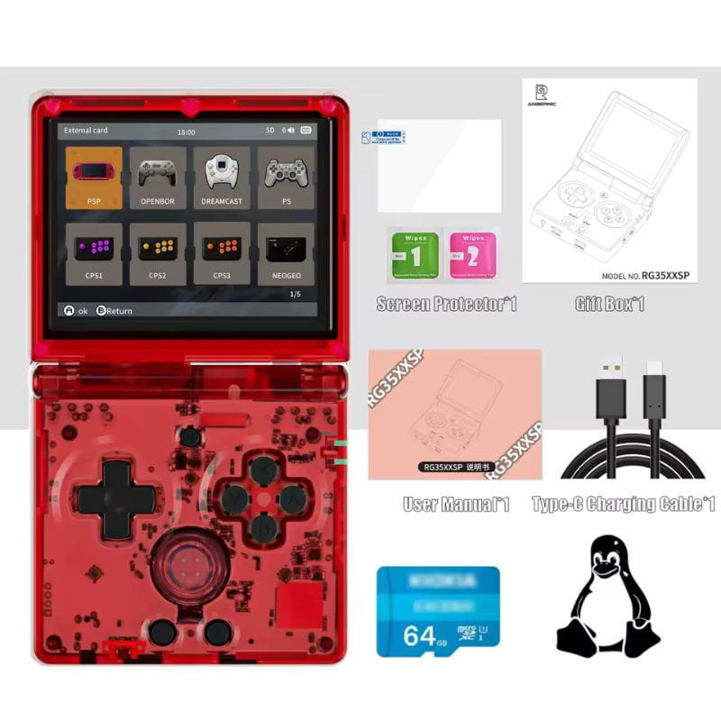 Anbernic RG35XXSP 64 GB Vermelho conteúdo da caixa