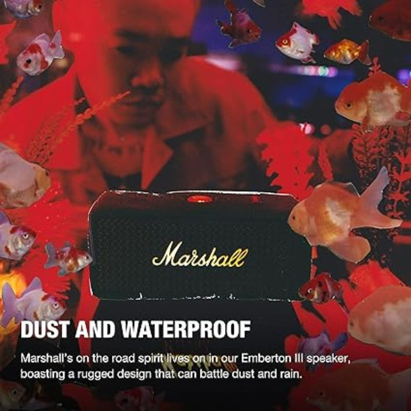 Marshall Emberton III Black and Brass é resistente à água e ao pó
