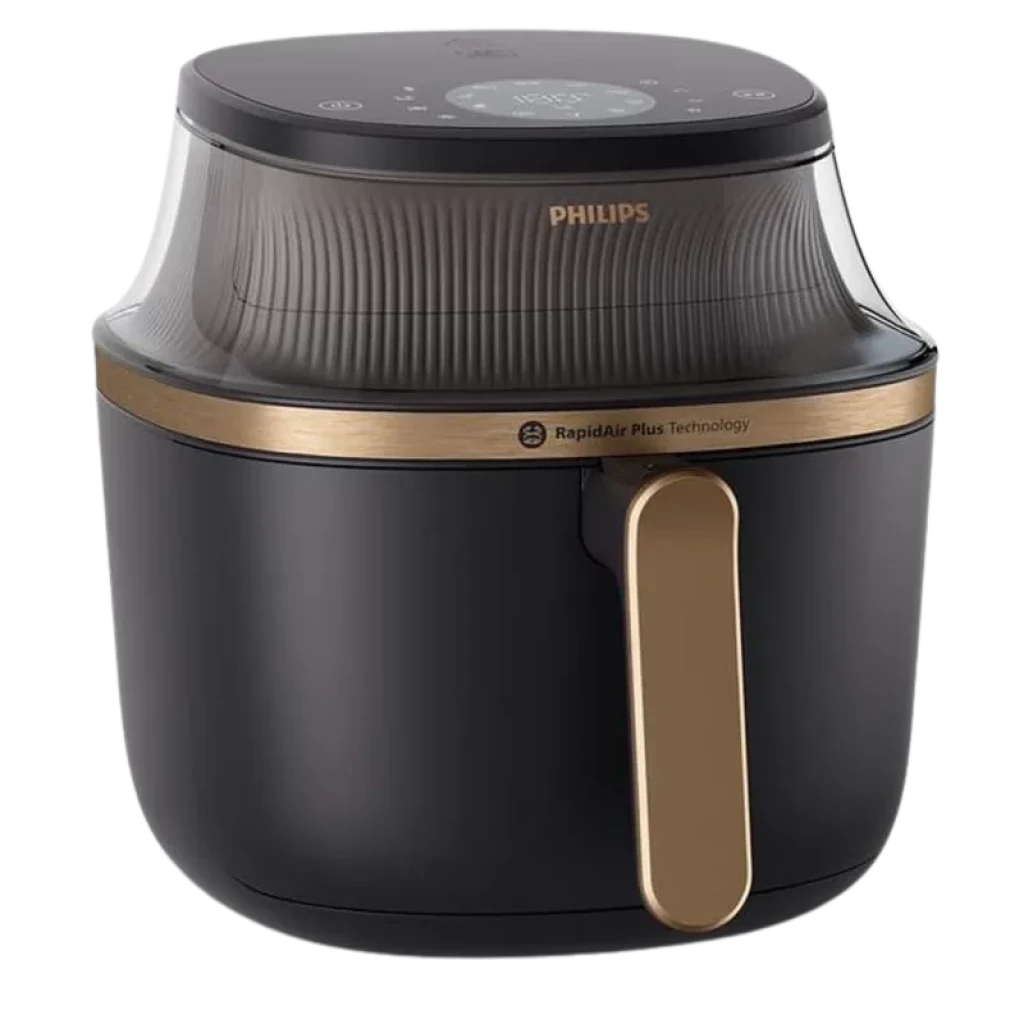 Freidora de aire Philips 3000 negra con acabado dorado, 6,2 L y 1700 W, tapa con ventana transparente y panel táctil superior con 16 programas