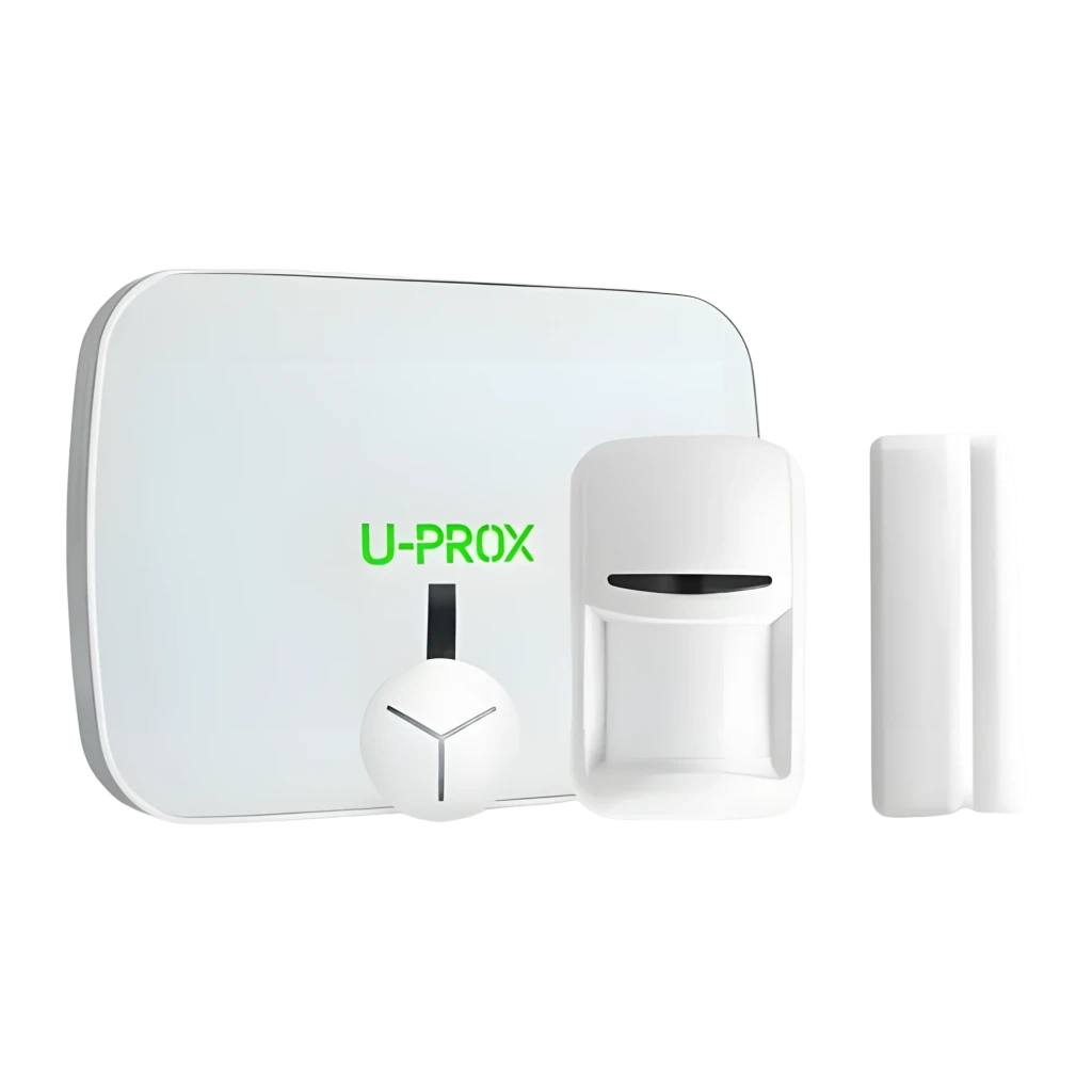 Kit de alarma U-Prox MP S: central blanca con logo verde, sensor de movimiento, contacto magnético y sirena compacta; conexión Ethernet y GPRS inalámbrica