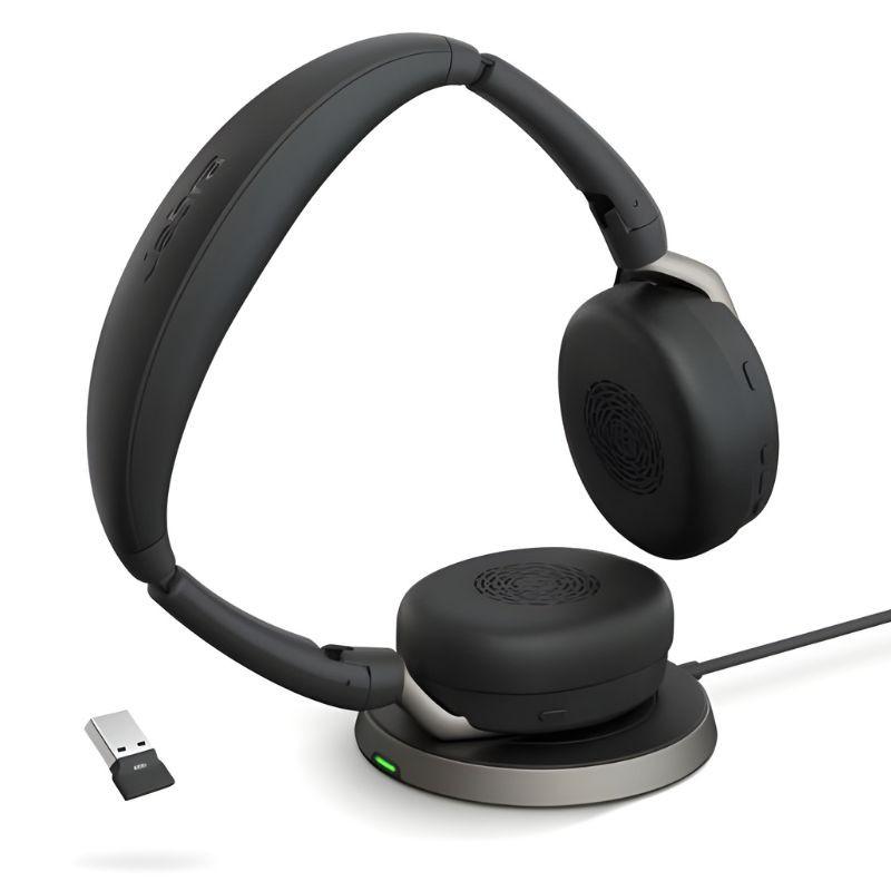 Jabra Evolve2 65 Flex estereo USB-A Negro, con su base de carga