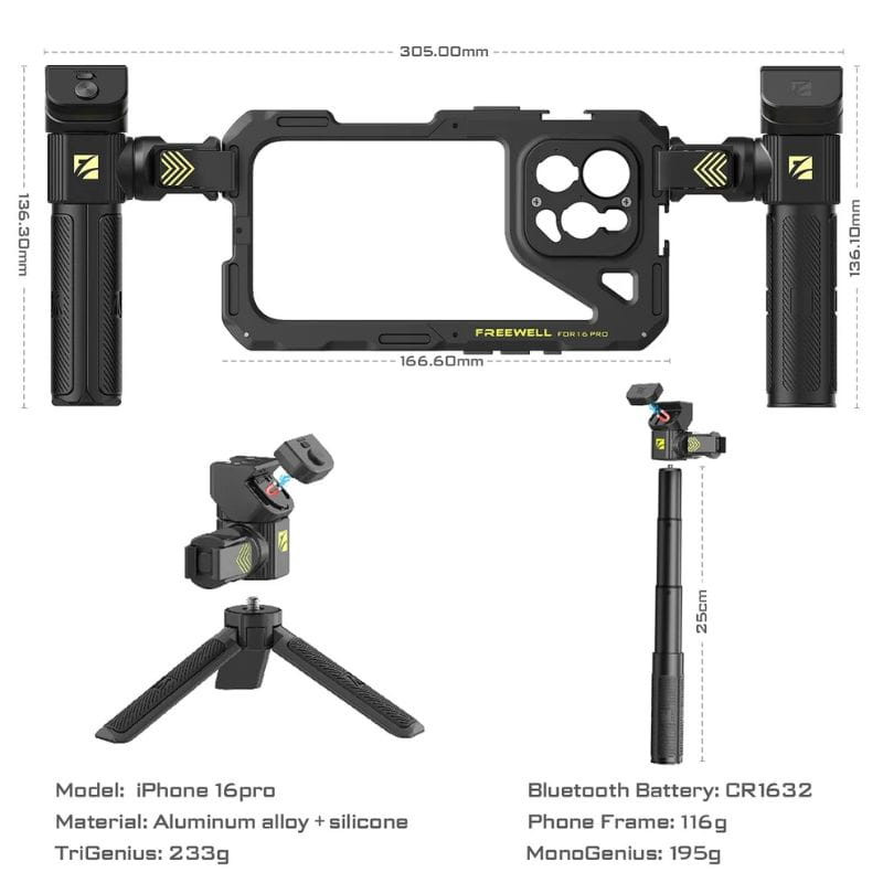 Freewell Genius Rig para iPhone 16 Pro - Kit de Vlogging, medidas