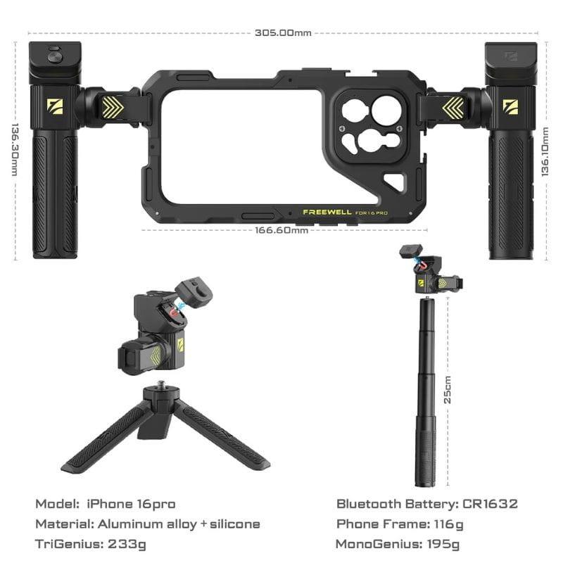 Freewell Genius Rig para iPhone 16 Pro - Kit de Vlogging, medidas