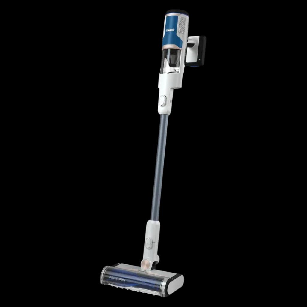 Aspirador sem fios Shark BU1120EU em azul e branco, depósito de 0,42 L, motor de 75 W, design leve com tubo longo e escova motorizada, base de carregamento de parede