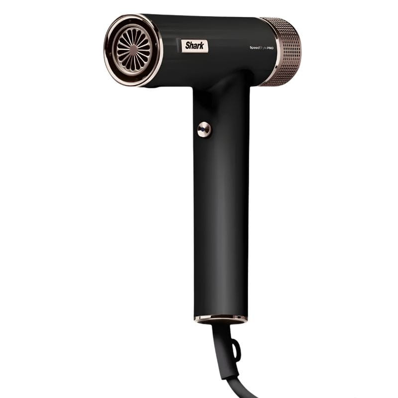 Shark SpeedStyle Pro 5 têtes, sèche‑cheveux noir mat à poignée droite, embouts interchangeables, finition métal doré, câble inférieur, design compact