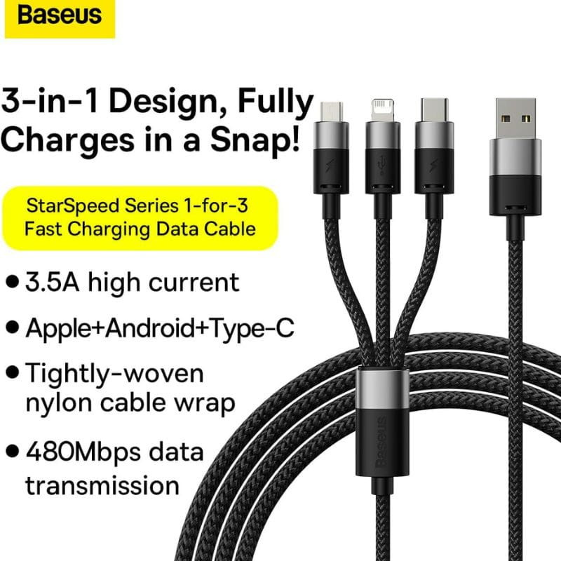 Baseus StarSpeed Series Púrpura - Cable USB 3 en 1 USB-C/Micro/Lightning  detalle de las características