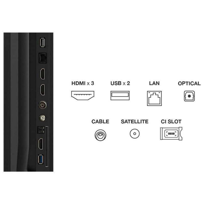 TCL 43P6K 43" 4K UHD LED Smart TV Preto com conexões laterais: 3x HDMI, 2x USB, LAN, óptica, AV, antena, satélite e CI slot; design fino e moderno.
