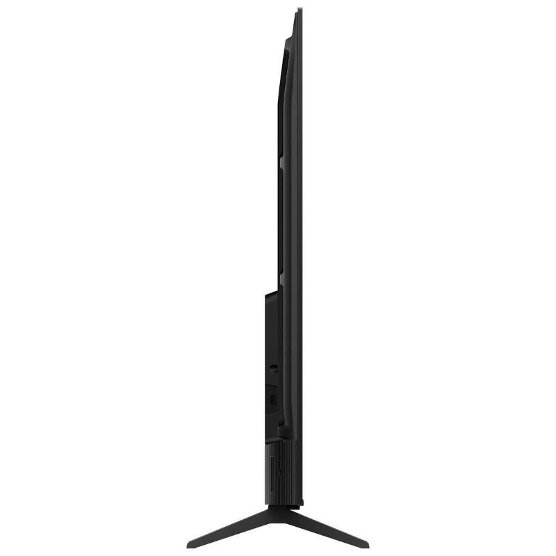 TCL 43P6K 43" 4K UHD Smart TV preta vista lateral: perfil ultrafino, moldura estreita, pés em V, conexões traseiras acessíveis, design elegante e