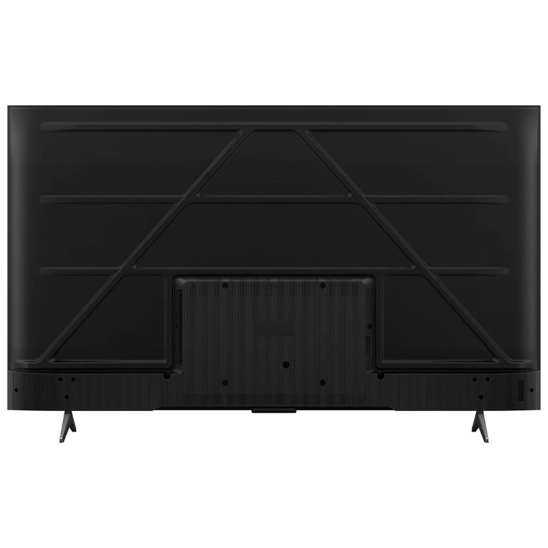 TCL 43P6K 43" 4K UHD LED Smart TV Preto, vista traseira: acabamento preto fosco, pés laterais, painel traseiro com estrutura em “A” e área de conexões