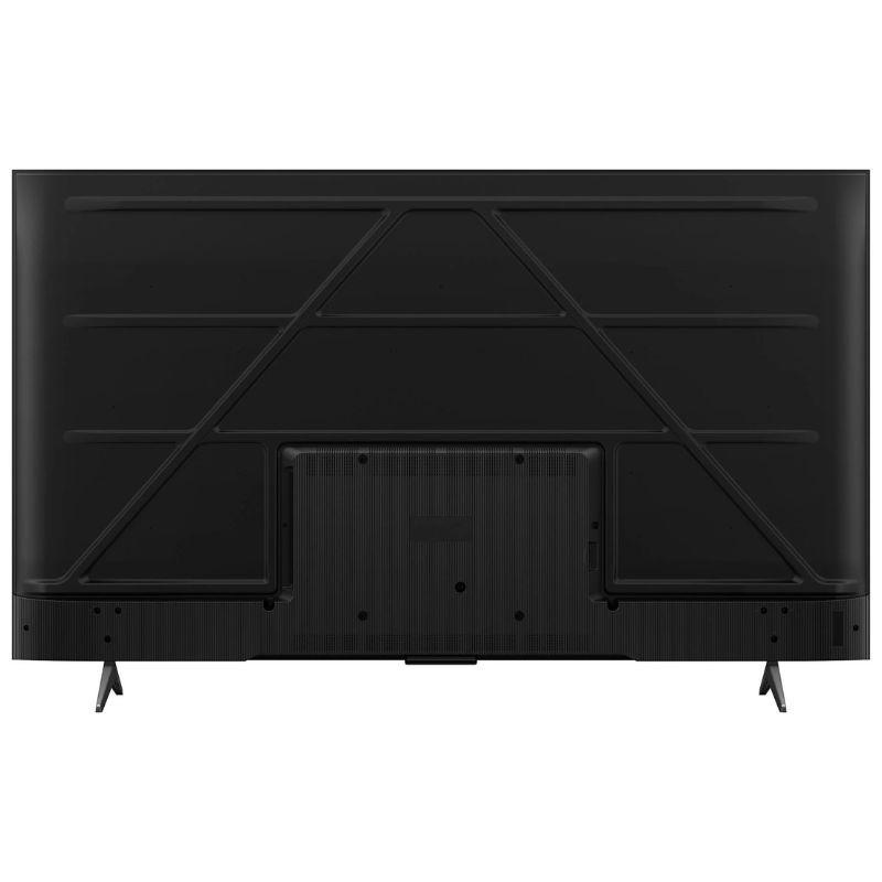 TCL 43P6K 43" 4K UHD LED Smart TV Preto, vista traseira: acabamento preto fosco, pés laterais, painel traseiro com estrutura em “A” e área de conexões