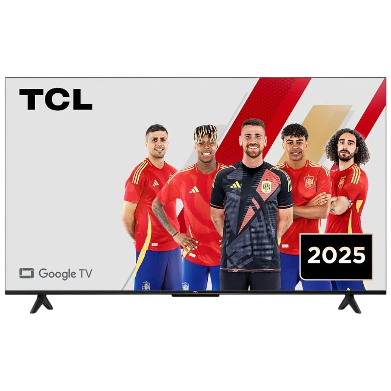 TCL 43P6K 43" 4K UHD LED Smart TV preto, tela fina com bordas estreitas, base dupla, interface Google TV destacada e selo “2025” no canto.