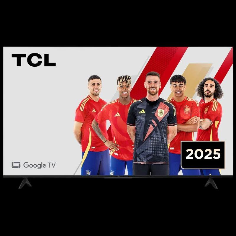 TCL 43P6K 43" 4K UHD LED Smart TV preto, tela fina com bordas estreitas, base dupla, interface Google TV destacada e selo “2025” no canto.