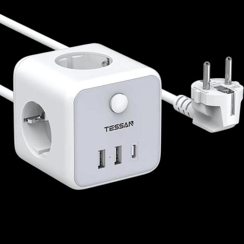 Tessan TS-301-C-GR Multiprise 3 prises CA + 3 USB-A câble 2 m