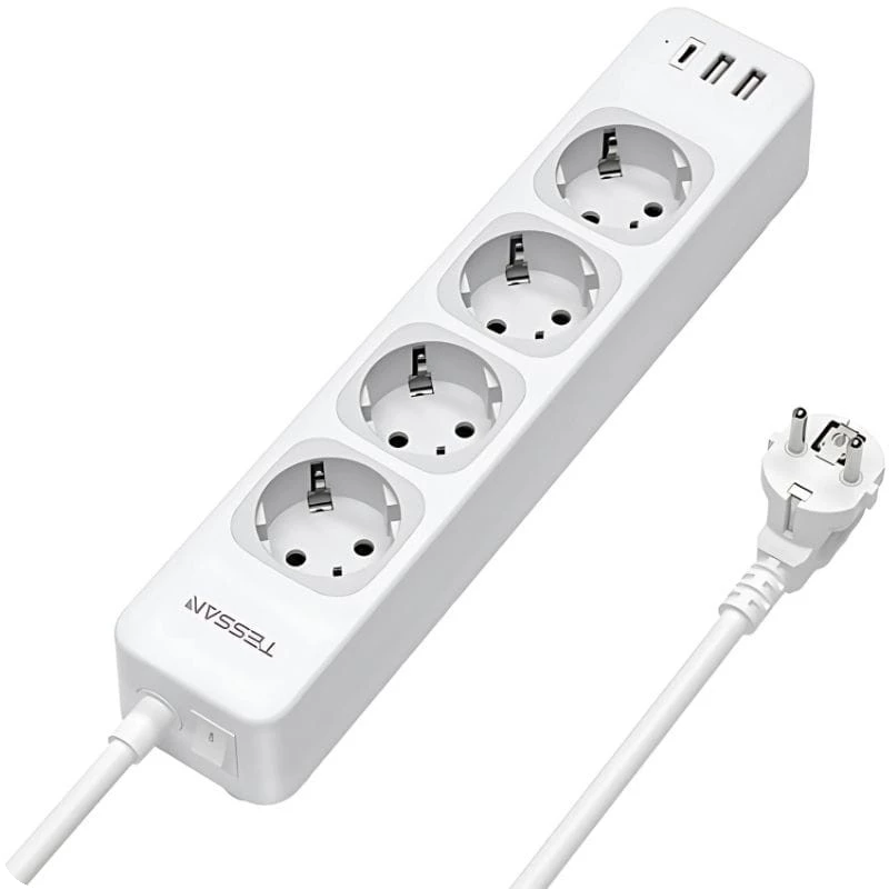 Tessan TS-307-C Regleta de enchufes 4 Tomas CA + 2 USB-A + 1 USB-C Cable 2m