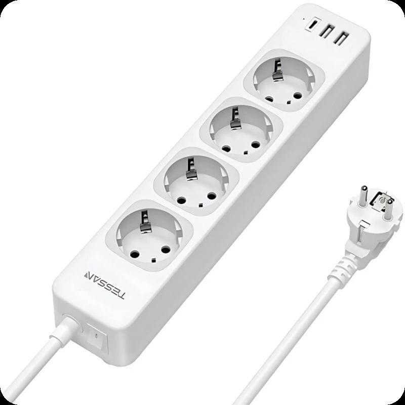 Tessan TS-307-C Regleta de enchufes 4 Tomas CA + 2 USB-A + 1 USB-C Cable 2m