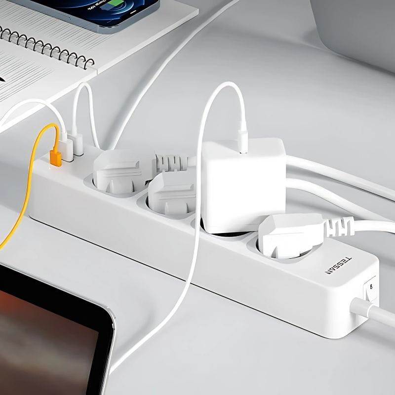 Tessan TS-307-C Regleta de enchufes 4 Tomas CA + 2 USB-A + 1 USB-C Cable 2m imagen cargando dispositivos