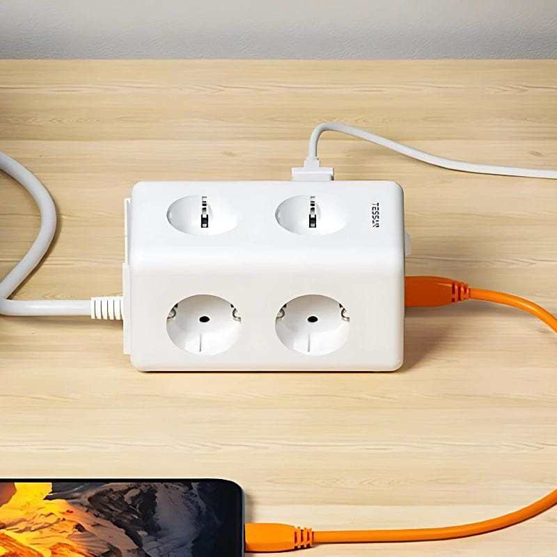 Tessan TS-306TS-C 6 Tomas CA + 2 USB-A + 1 USB-C - Regleta de enchufes imagen acostado