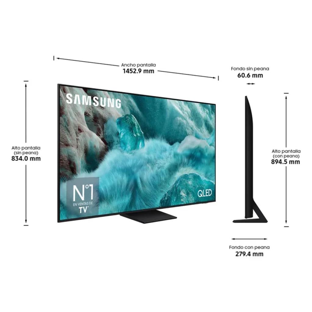 Samsung TQ65Q7F5AU 65 pulgadas 4K QLED con biseles finos, peana central y perfil ultradelgado; pantalla 1452.9 mm ancho, 834 mm alto, 60.6 mm grosor