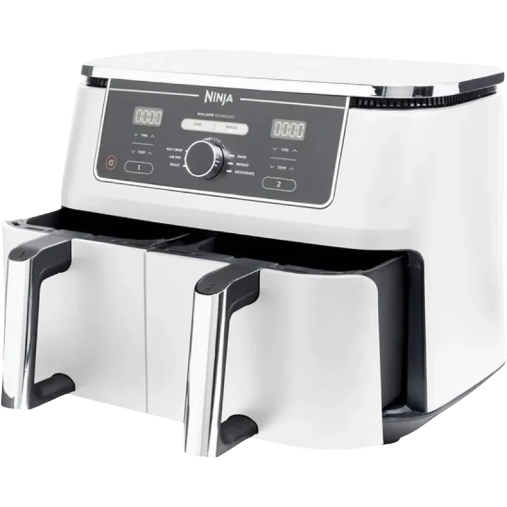 Ninja AF400EU blanc avec deux tiroirs de cuisson, panneau numérique, bouton central, finitions chromées, design compact et autonome 2470 W, capacité 9,5 L