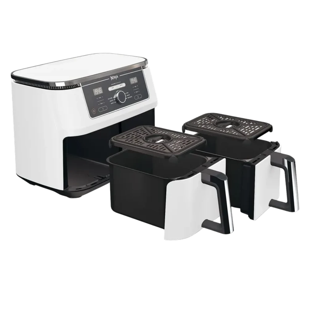 Friteuse à air Ninja AF400EU blanche avec double panier 9,5 L, façade numérique, boutons rotatifs, bacs amovibles noirs et grilles anti-éclaboussures