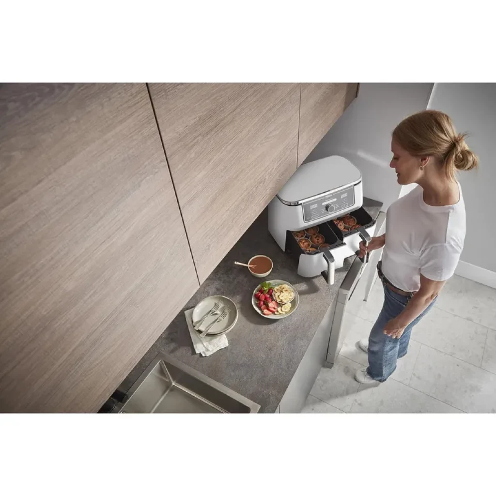 Ninja AF400EU blanche, friteuse à air double bac 9,5 L, panneau de commande numérique central, tiroirs coulissants, design compact sous meuble cuisine