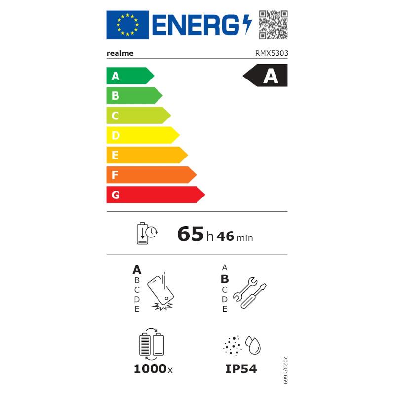 Etiqueta energética A do Realme C71 branco RMX5303: autonomia 65 h 46 min, bateria até 1000 ciclos, resistência IP54, ícones de eficiência e reparabilidade