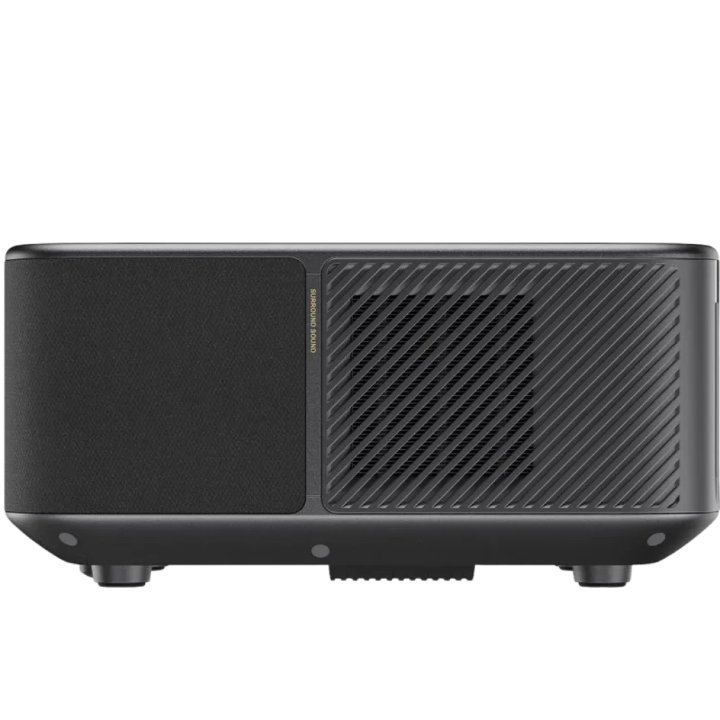Vista lateral del Yaber K3 Pro en negro, panel con rejilla diagonal, altavoz JBL frontal con subwoofer integrado y patas de apoyo ajustables