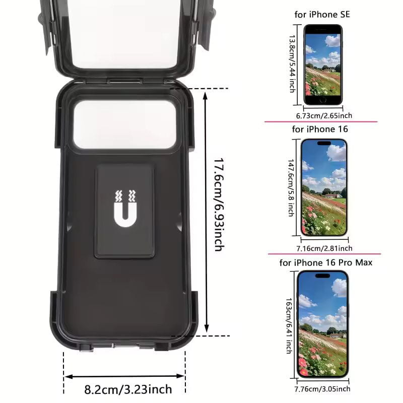 Suporte impermeável para telemóvel com fixação ao guiador, medidas