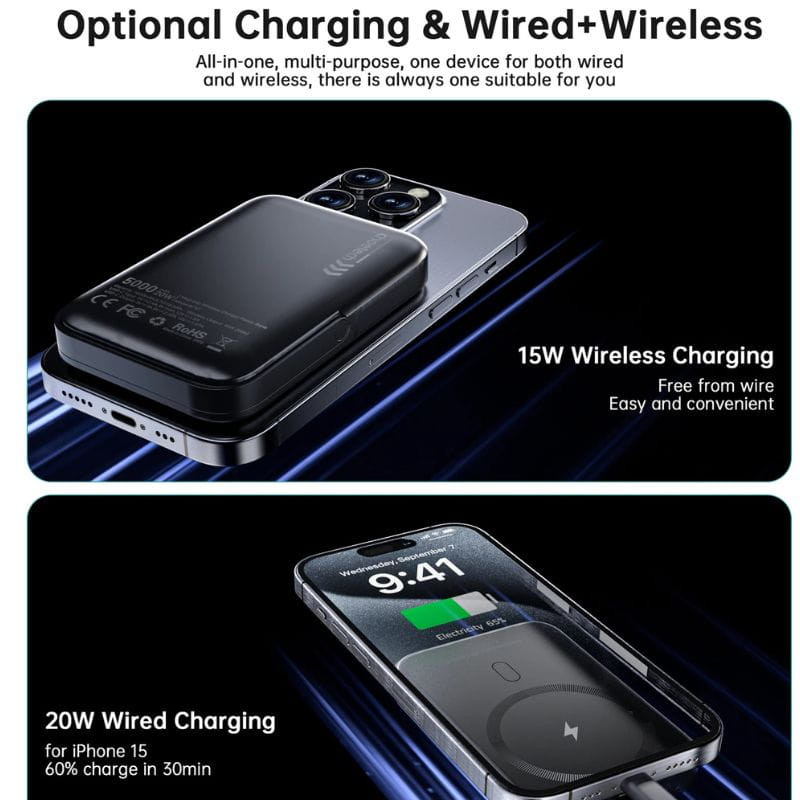 Choetech B743 20W 10000 mAh PowerBank con soporte - Negro, carga magnética 15W y carga usb 20W