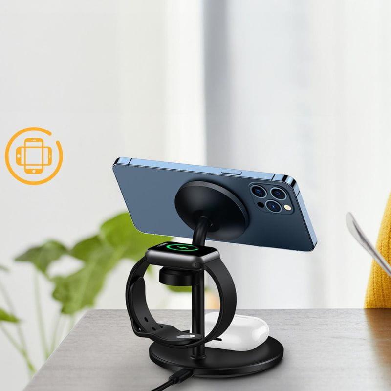 Choetech Base de chargement Magsafe 3 en 1 image chargeant le smartphone à l'horizontale