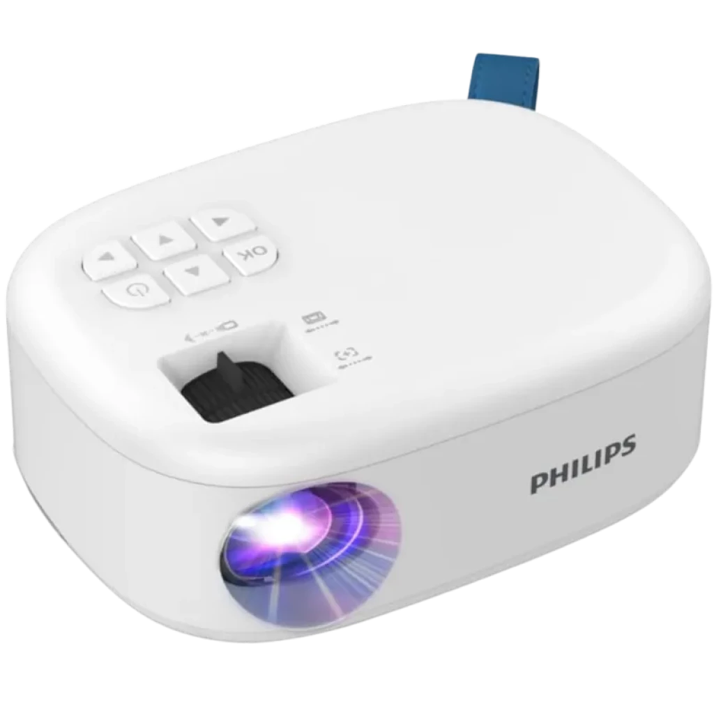 Proyector Philips NeoPix NPX113 blanco compacto con lente frontal iluminada, controles superiores, perilla de enfoque y correa azul; puertos HDMI y USB