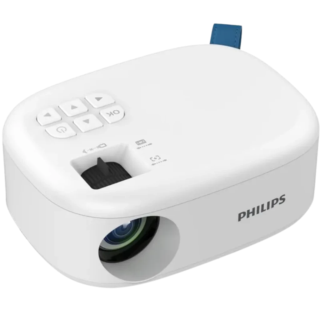 Proyector Philips NeoPix NPX113 compacto blanco con lente frontal, controles superiores, rueda de enfoque, correa azul y puertos HDMI y USB, proyección hasta