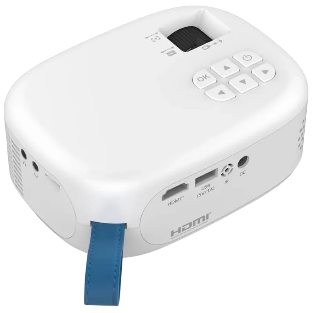 Proyector Philips NeoPix NPX113 compacto blanco con controles superiores, lente frontal, correa azul y puertos HDMI, USB, IR, DC y ranura microSD