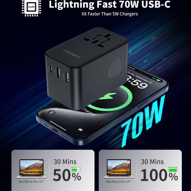 Adaptateur de voyage Choetech 70 W avec câble USB-C image des temps de charge