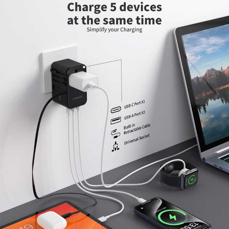 Adaptateur de voyage Choetech 70 W avec câble USB-C image chargeant 5 appareils à la fois