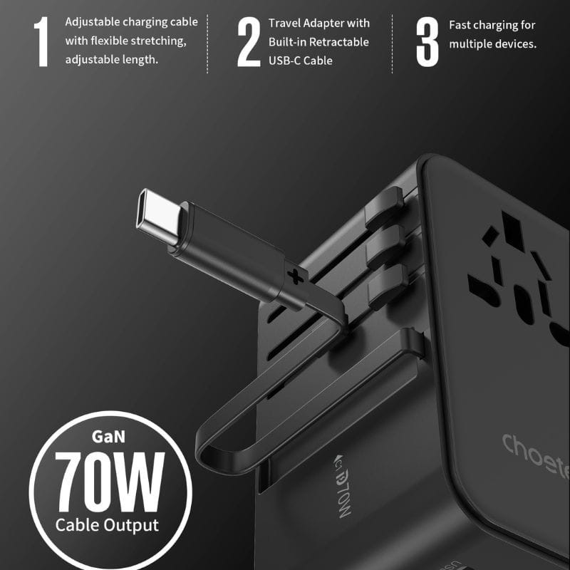 Adaptateur de voyage Choetech 70 W avec câble USB-C image caractéristiques