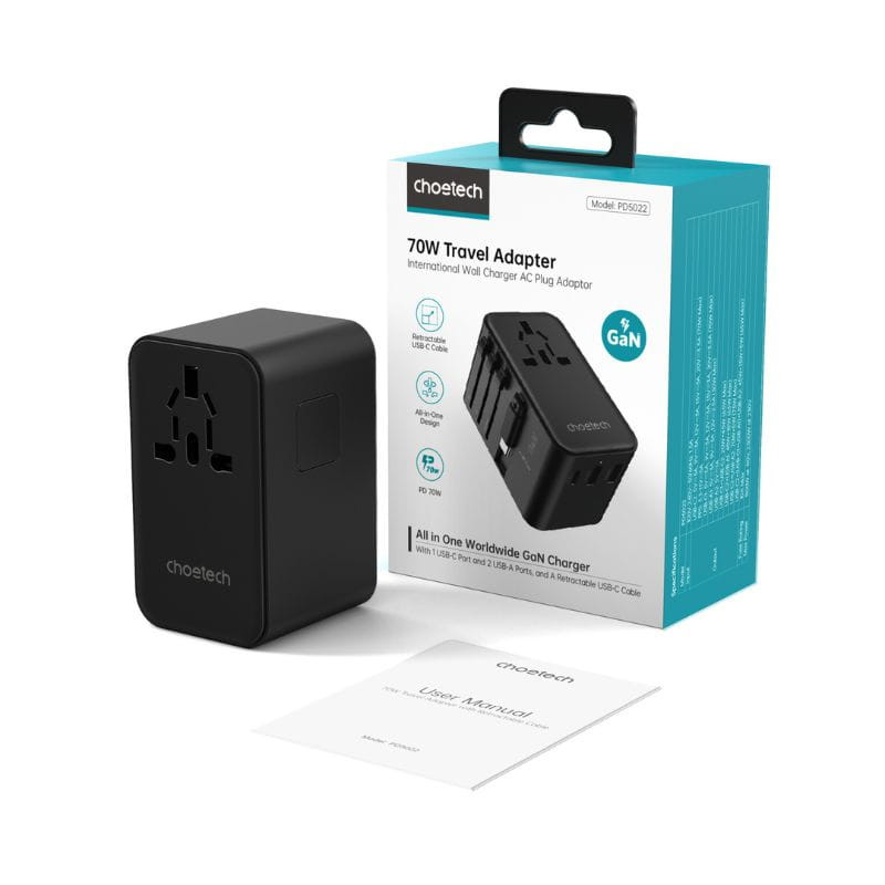 Adaptateur de voyage Choetech 70 W avec câble USB-C image avec la boîte