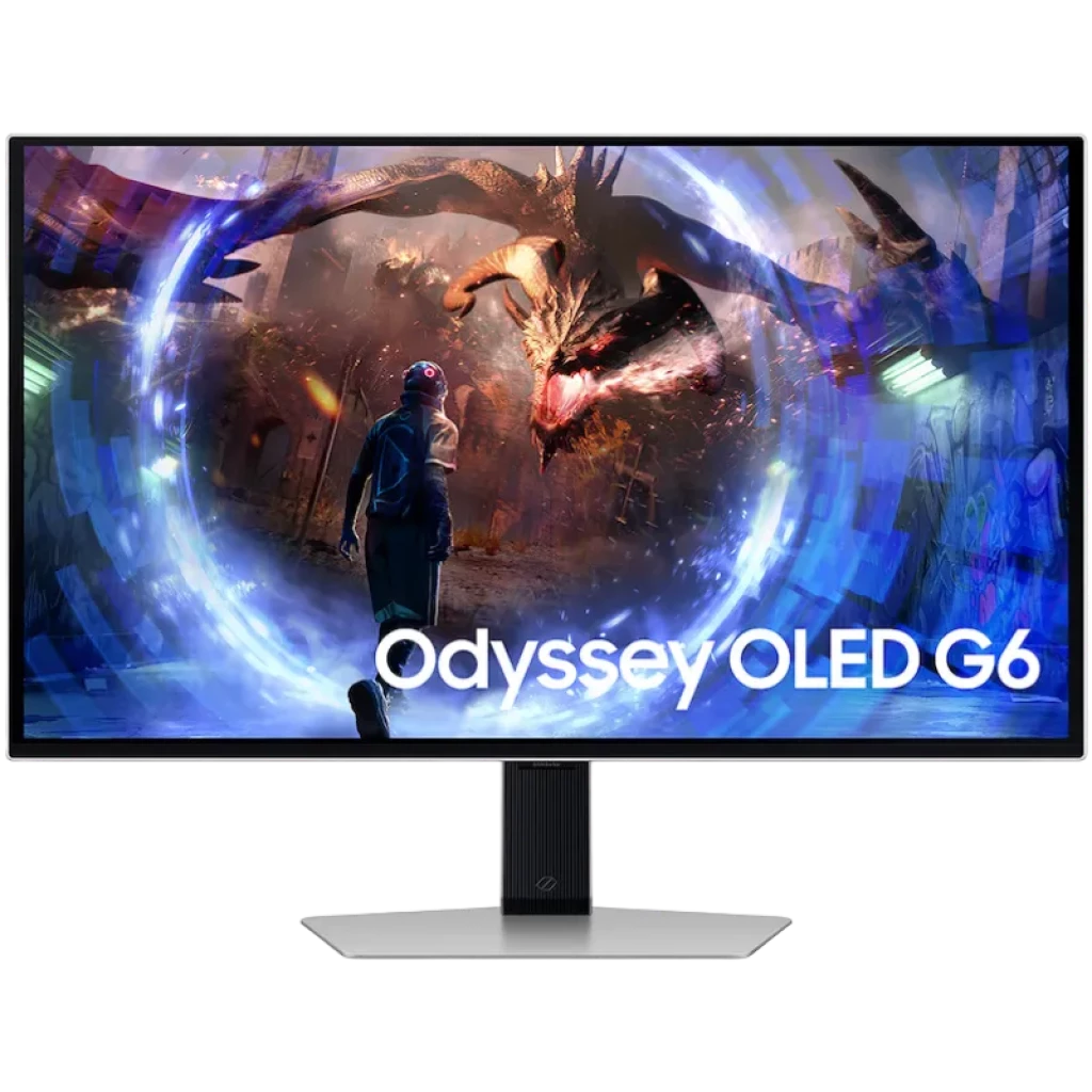 Monitor Samsung Odyssey G6 27 pulgadas OLED QHD, 360 Hz, biseles finos, soporte metálico plateado y pantalla vibrante ideal para gaming con FreeSync