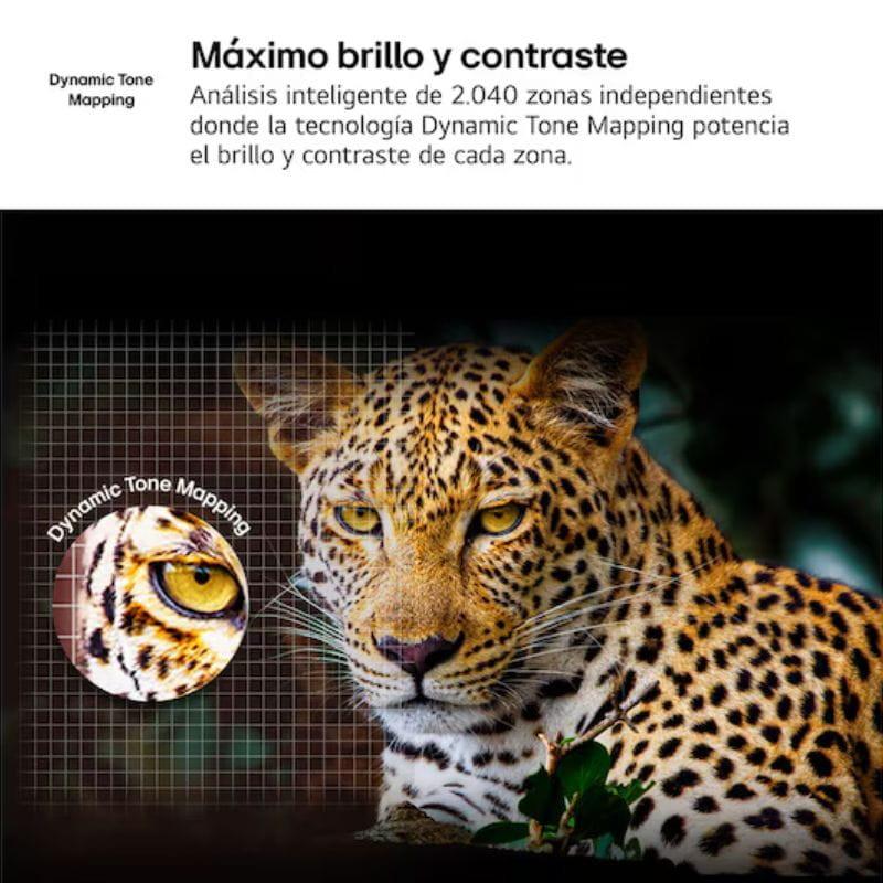 Pantalla LG 50QNED82A6B 50 pulgadas 4K QNED con colores vivos y alto contraste; muestra un leopardo nítido y detalle mejorado por Dynamic Tone Mapping