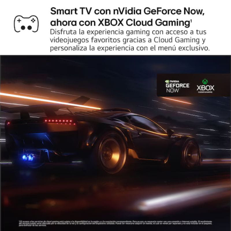 LG 50QNED82A6B 50 pulgadas 4K QNED con WebOS y Wi-Fi, muestra juego con luces neón, soporte GeForce NOW y Xbox Cloud Gaming para gaming fluido