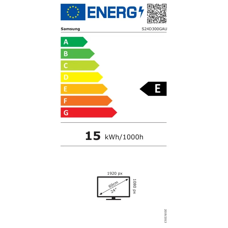 Etiqueta energética UE para monitor Samsung S30GD 24 pulgadas, resolución 1920x1080, clase E, consumo 15 kWh/1000 h, panel LCD IPS, frecuencia 100 Hz, color