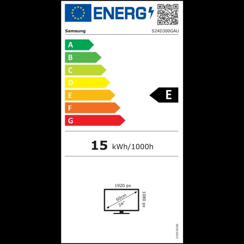 Etiqueta energética UE para monitor Samsung S30GD 24 pulgadas, resolución 1920x1080, clase E, consumo 15 kWh/1000 h, panel LCD IPS, frecuencia 100 Hz, color