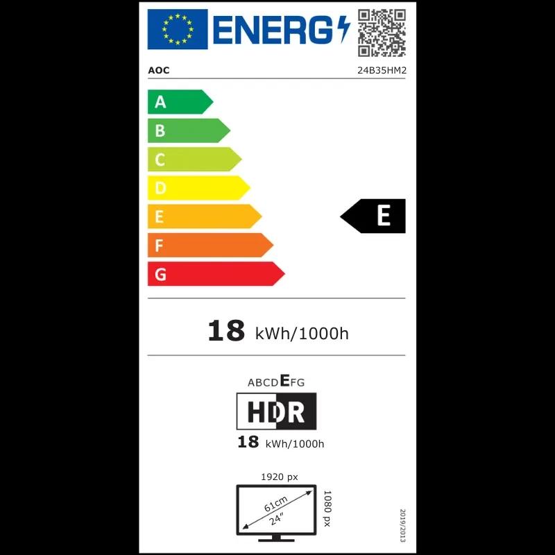 Étiquette énergie pour AOC 24B35HM2 24 pouces Full HD LED 100 Hz Adaptative Sync classe E 18 kWh/1000h HDR résolution 1920x1080 format 16:9